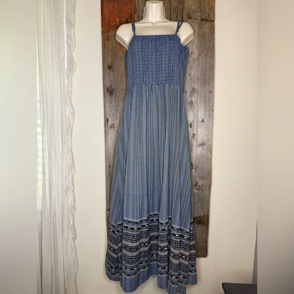 Larkhays Sahara Border Print Maxi Dress Blue Cotton Made in Nepal M/L